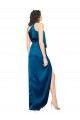 High Halter Neck Formal Silky Satin Bridesmaid Dress / Prom Dress with Sash Overlay and Side Split for Sale
