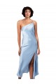 Midi Length Short Formal Silky Satin Bridesmaid Dress / Cocktail Prom Dress with Asymmetric Neckline and High Side Split for Sale