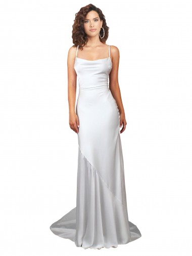 Simple Lace Up Back Cowl Neck Long Sweep Train Silky Satin Beach Wedding Dress for Sale