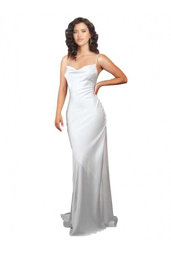 Simple Sweep Train Low Back Tie Cowl Neck Long Silky Satin Beach Wedding Dress for Sale