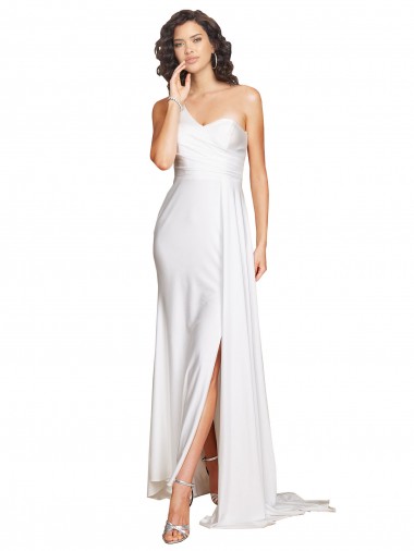 One Shoulder Floor Length Silky Satin Wedding Dress with Side Slit for Sale