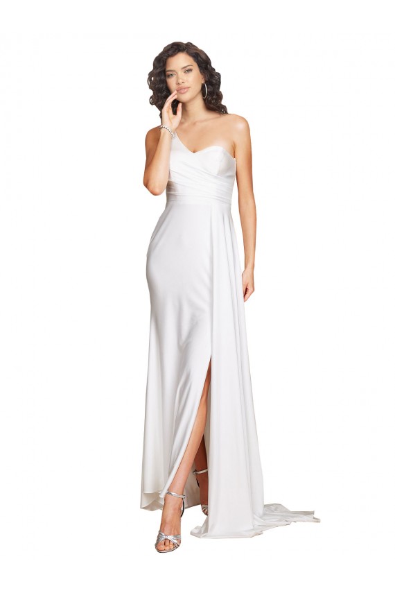 One Shoulder Floor Length Silky Satin Wedding Dress with Side Slit for Sale