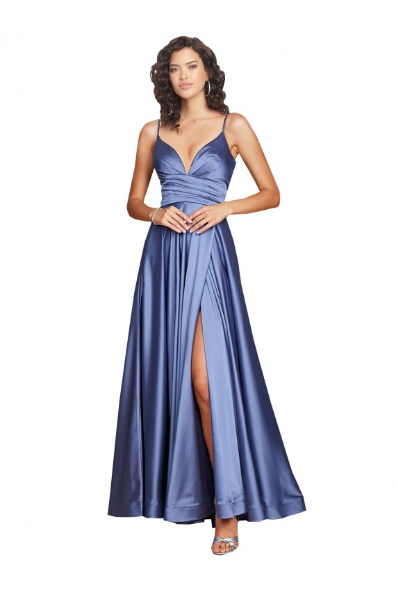 Deep V-Neck Sweetheart Long Formal Silky Satin Bridesmaid Dress / Prom Dress with Thigh High Slit for Sale