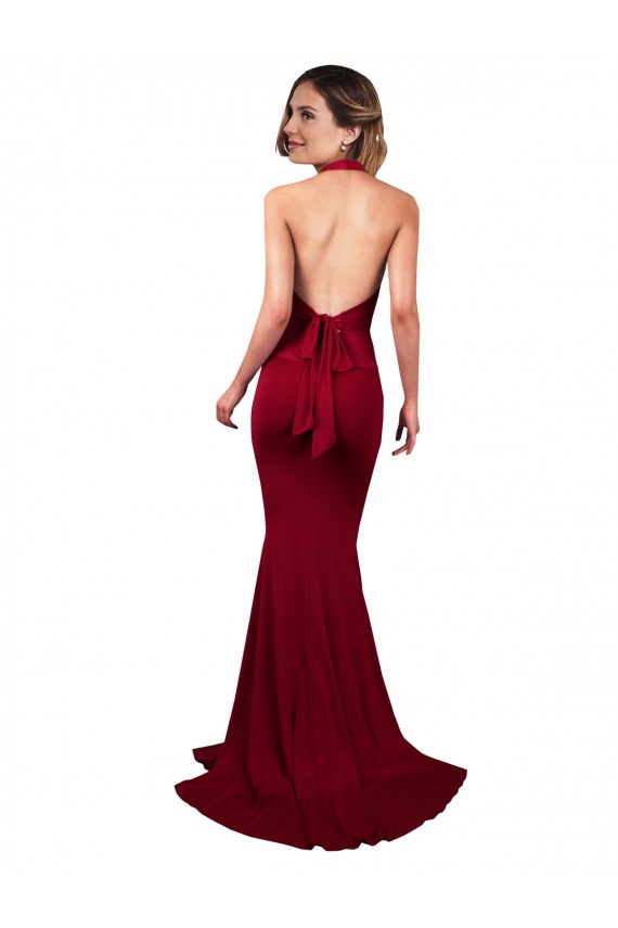 Halter Mermaid Plunge V-Neckline Open Back Bow Tie Formal Spandex Bridesmaid Dress / Prom Dress for Sale