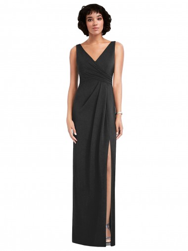 Draped Wrap Formal Maxi Spandex Bridesmaid Dress / Prom Dress with Front Slit for Sale