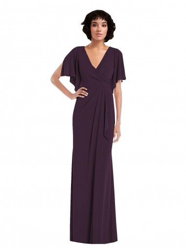 Faux Wrap Split Sleeves Formal Maxi Spandex Bridesmaid Dress / Prom Dress with Cascade Skirt for Sale