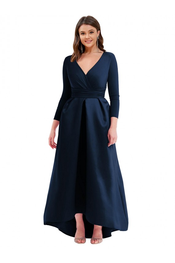 Long Sleeves Wrapped Formal Spandex Bridesmaid Dress / Prom Dress with High Low Full Skirt and Pockets for Sale