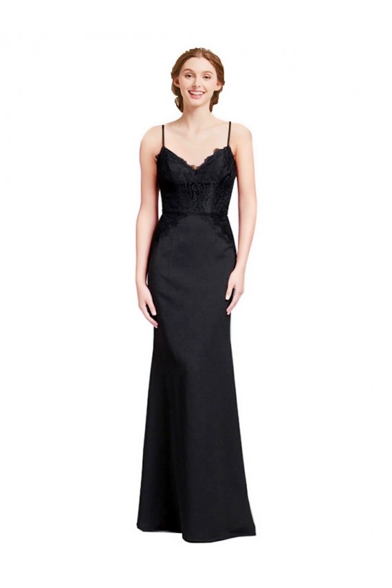 Long Chiffon Bridesmaid Dress / Prom Dress with Lace Bodice and Curved V-Neckline for Sale