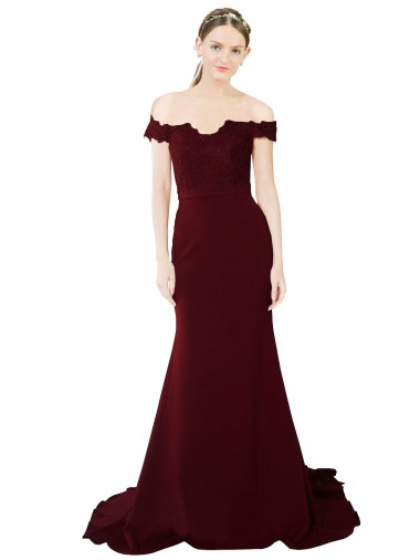 Full Length Off the Shoulder Formal Crepe Bridesmaid Dress / Prom Dress with Lace On Bodice and Back for Sale