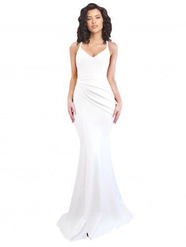 Fishtail Shape Spaghetti Straps Open Back Formal Crepe Bridesmaid Dress / Prom Dress with Ruffles for Sale