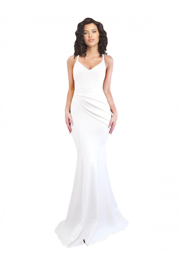 Fishtail Shape Spaghetti Straps Open Back Formal Crepe Bridesmaid Dress / Prom Dress with Ruffles for Sale