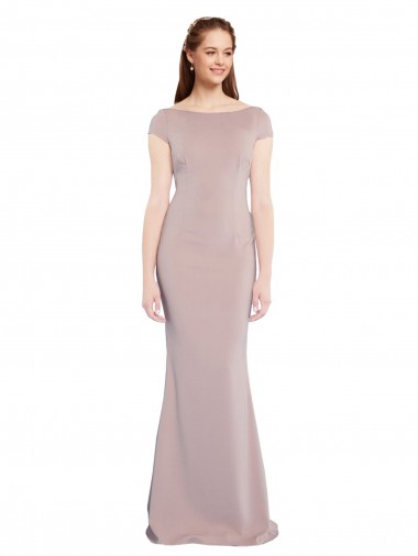 Boat Neck Cap Sleeve Formal Crepe Bridesmaid Dress / Prom Dress with Plunging Tie Back for Sale