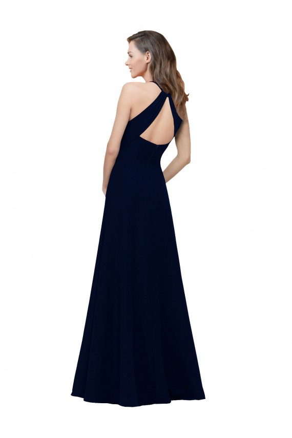 High Neck Crepe Bridesmaid Dress / Prom Dress with Pleats and Keyhole Back for Sale