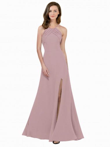 High Neck Crepe Bridesmaid Dress / Prom Dress with Pleats and Keyhole Back for Sale
