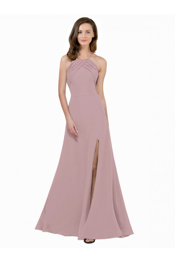 High Neck Crepe Bridesmaid Dress / Prom Dress with Pleats and Keyhole Back for Sale