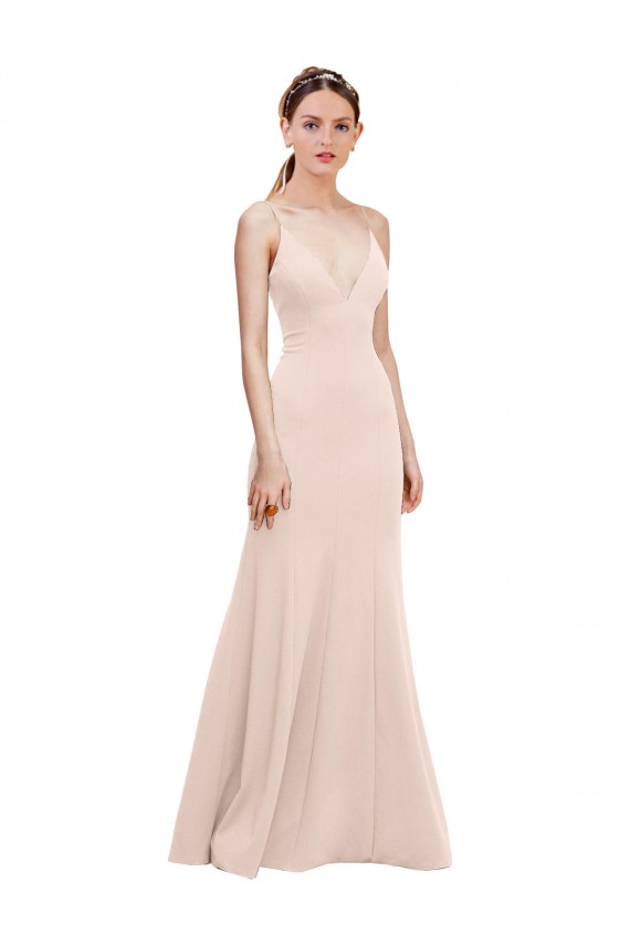 Deep V-Neck and Back Long Formal Crepe Bridesmaid Dress / Prom Dress for Sale