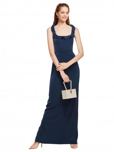 Scoop Neck with Ruffles Long Formal Crepe Bridesmaid Dress / Prom Dress with Back Slit for Sale