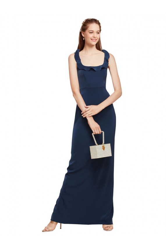 Scoop Neck with Ruffles Long Formal Crepe Bridesmaid Dress / Prom Dress with Back Slit for Sale