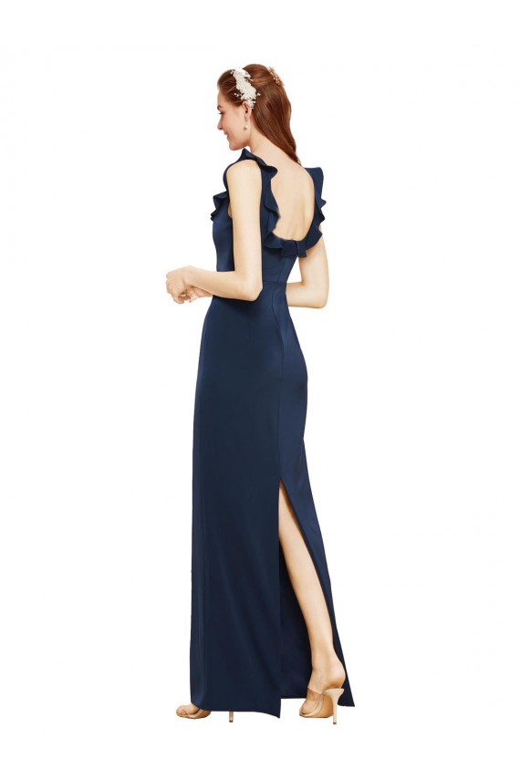 Scoop Neck with Ruffles Long Formal Crepe Bridesmaid Dress / Prom Dress with Back Slit for Sale