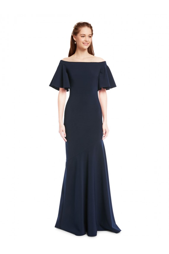 Off the Shoulder Formal Crepe Bridesmaid Dress / Prom Dress with Short Ruffle Sleeves. for Sale