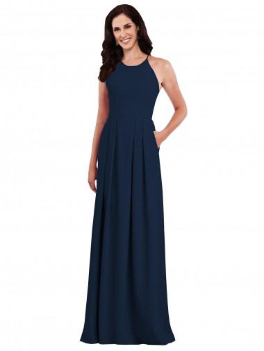 Criss Cross Back Crepe Halter Bridesmaid Dress with Pockets for Sale