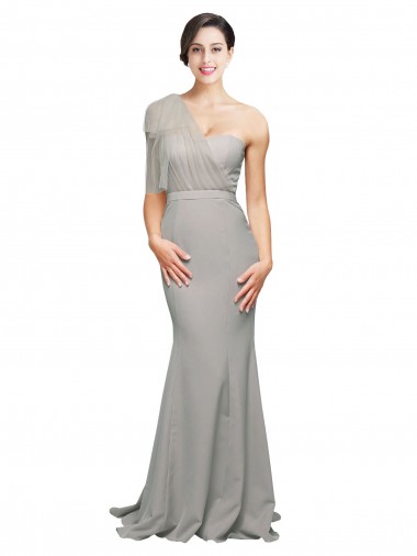 Long Sweep Train Sweetheart Formal Crepe Bridesmaid Dress / Prom Dress with Tulle One Shoulder for Sale