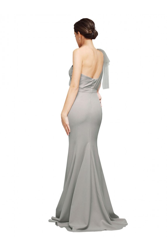 Long Sweep Train Sweetheart Formal Crepe Bridesmaid Dress / Prom Dress with Tulle One Shoulder for Sale