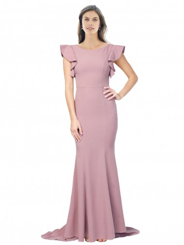Flutter Sleeves Low V-Back High Round Neck Formal Crepe Bridesmaid Dress / Prom Dress for Sale