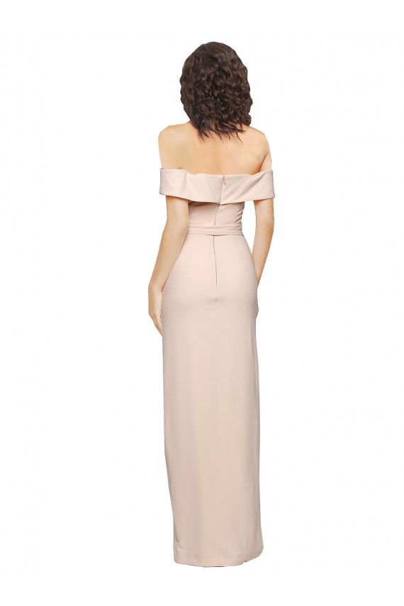 Off the Shoulder Long Formal Crepe Bridesmaid Dress / Prom Dress with Waist Tie and Slit for Sale