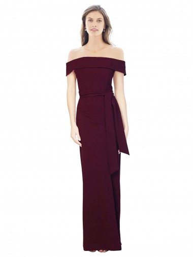 Off the Shoulder Long Formal Crepe Bridesmaid Dress / Prom Dress with Waist Tie for Sale