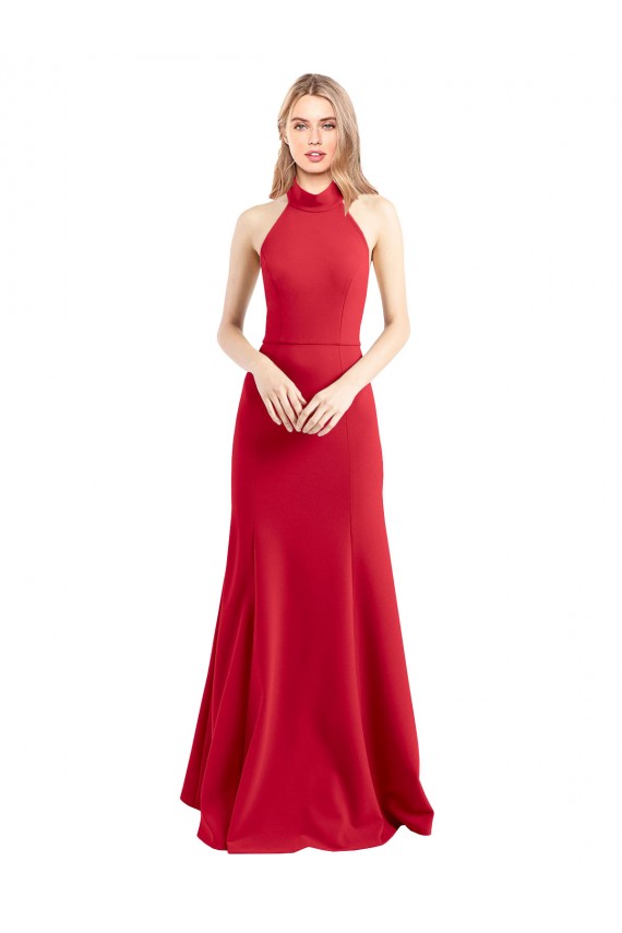 Sleek Fit and Flare High Neck Halter Stretch Formal Crepe Bridesmaid Dress / Prom Dress with Open Back for Sale