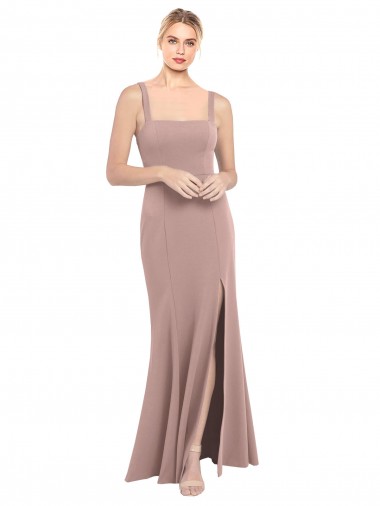 Square Neck Fit and Flare Long Stretch Crepe Bridesmaid Dress / Prom Dress with Side Slit for Sale