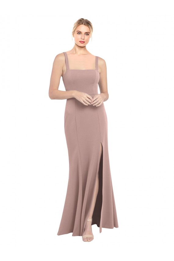 Square Neck Fit and Flare Long Stretch Crepe Bridesmaid Dress / Prom Dress with Side Slit for Sale