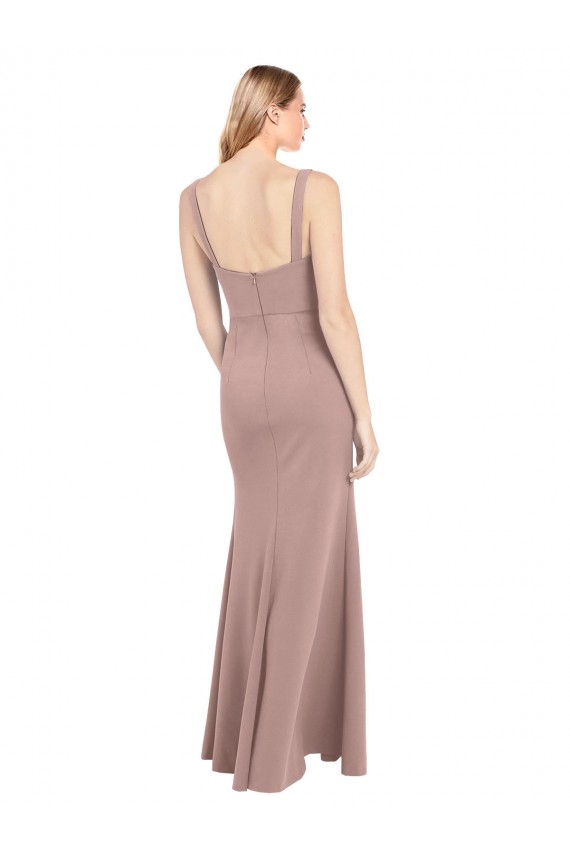 Square Neck Fit and Flare Long Stretch Crepe Bridesmaid Dress / Prom Dress with Side Slit for Sale