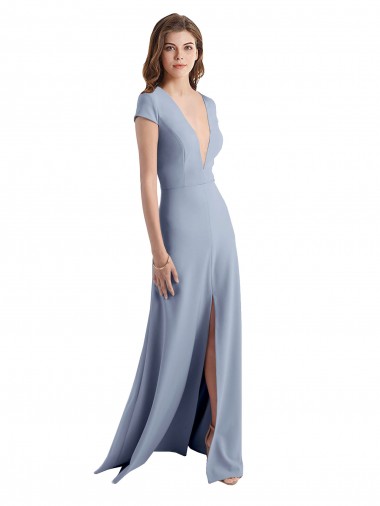 Plunging V-Neck Cap Sleeves Stretch Crepe Bridesmaid Dress / Prom Dress with Front Slit for Sale