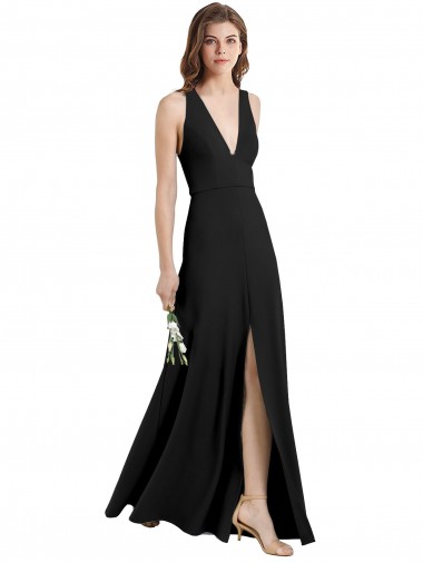 Sleek Halter V-Neck Long A-Line Stretch Formal Crepe Bridesmaid Dress / Prom Dress with Front Slit for Sale