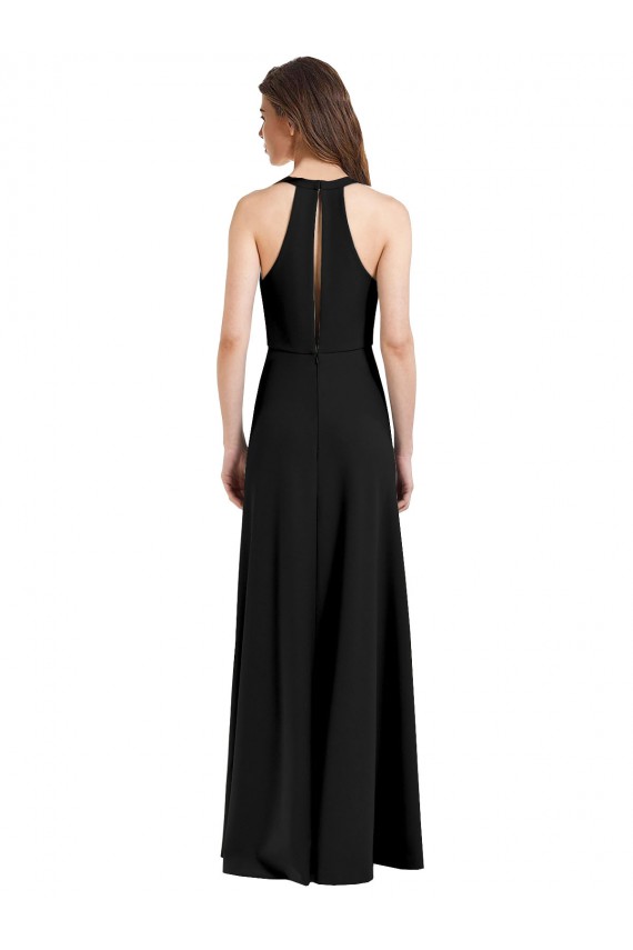 Sleek Halter V-Neck Long A-Line Stretch Formal Crepe Bridesmaid Dress / Prom Dress with Front Slit for Sale