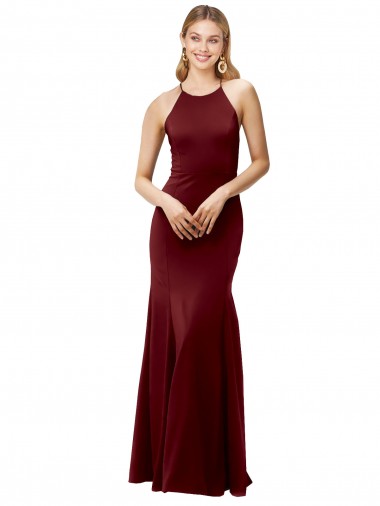 Fit and Flare Halter Neckline Stretch Formal Crepe Bridesmaid Dress / Prom Dress with Strappy Back for Sale