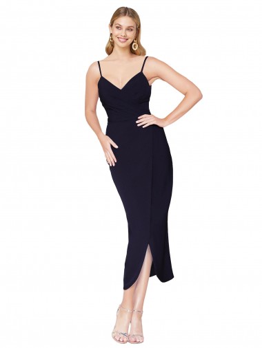 High Neck Spaghetti Straps Formal Crepe Short Cocktail Wrap Bridesmaid Dress / Prom Dress for Sale
