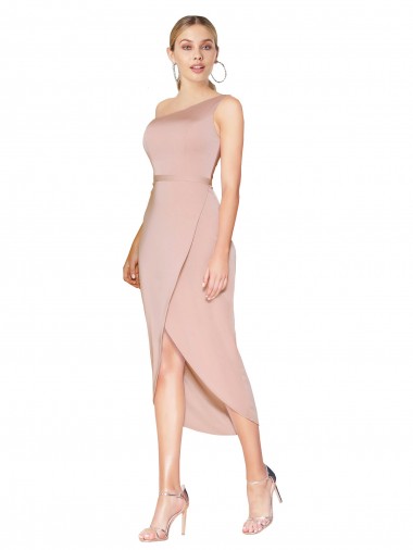 Knee Length One Shoulder Formal Crepe Short Wrap Bridesmaid Dress / Prom Dress for Sale
