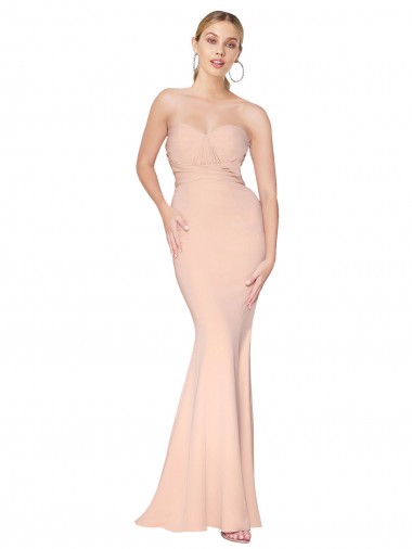 Sweetheart Shirred Neck Long Floor Length Formal Crepe Bridesmaid Dress / Prom Dress for Sale