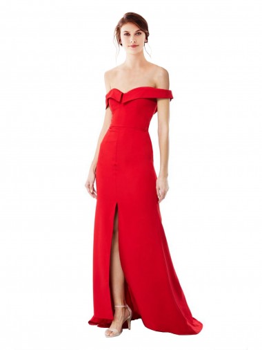 Off the Shoulder Chapel Train Formal Crepe Bridesmaid Dress / Prom Dress with Thigh-High slit for Sale