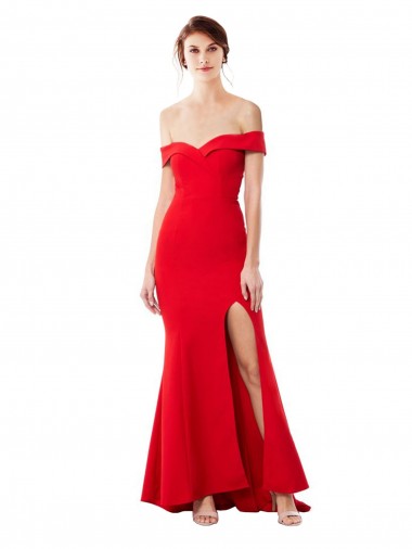 Off the Shoulder Sweetheart Maxi Formal Crepe Bridesmaid Dress / Prom Dress With Thigh Split and Train for Sale