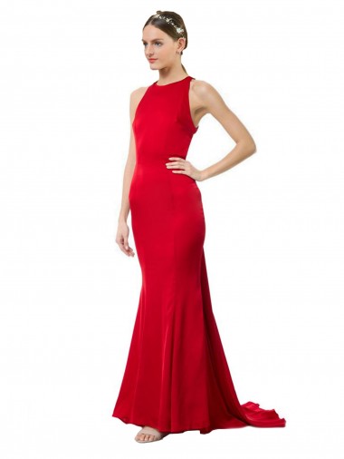 High Neck Mermaid Open Back Formal Crepe Maxi Bridesmaid Dress / Prom Dress with Train Detail for Sale