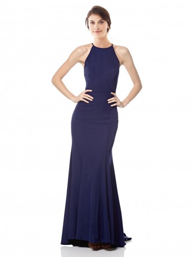 High Neck Fishtail Formal Crepe Bridesmaid Dress / Prom Dress with Open Back Detail for Sale