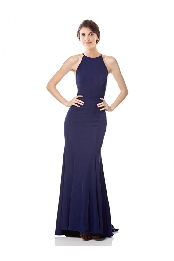 High Neck Fishtail Formal Crepe Bridesmaid Dress / Prom Dress with Open Back Detail for Sale