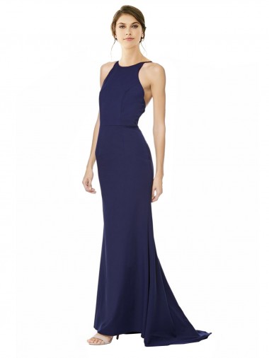 Fishtail High Neck Maxi Formal Crepe Bridesmiad Dress with Strappy Back Detail for Sale