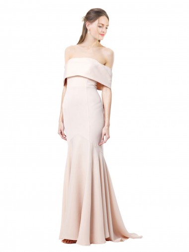 Mermaid Bardot Maxi Formal Crepe Bridesmiad Dress with Fishtail Train for Sale