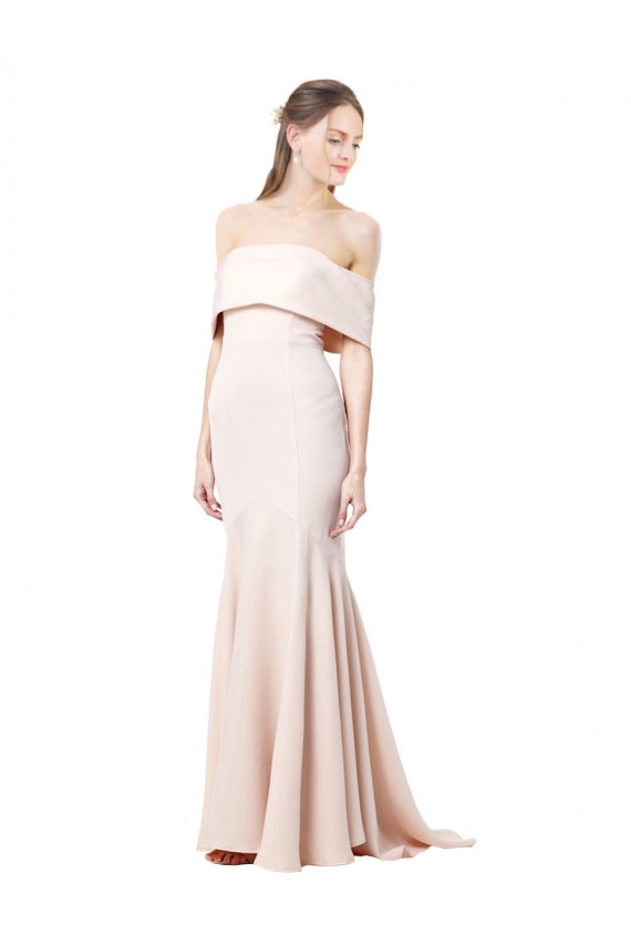 Mermaid Bardot Maxi Formal Crepe Bridesmiad Dress with Fishtail Train for Sale
