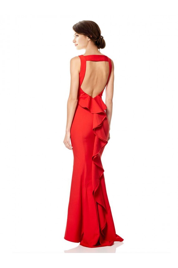 High Neck Maxi Formal Crepe Bridesmiad Dress with Exaggerated Back Ruffle for Sale